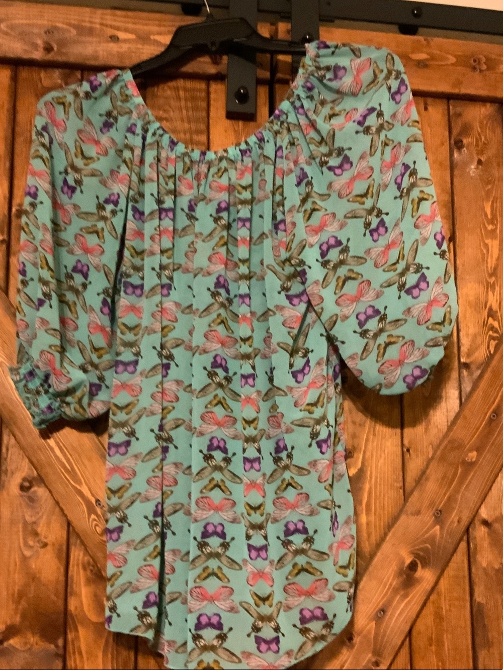 Women’s Mint Green Butterfly Print Peasant Top